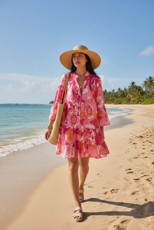 Mekko/tunika, kuosillinen, pinkki, yhdenkoon