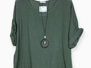 Naisten puuvillapusero, khaki - rento ja kevyt kesäpaita korulla