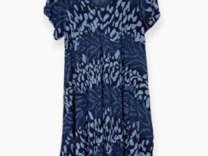 Naisten kesämekko, tummansininen – väljä puuvillamekko kuosilla