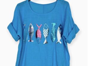 Naisten kuviollinen puuvillapaita, turkoosi – rento t-paita kalakuosilla