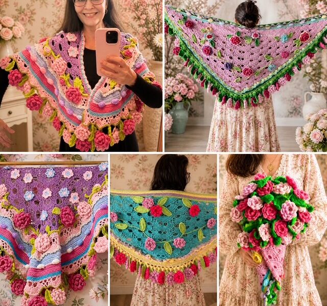 🌸 Boheemi ruusuhuivi – uniikki käsinvirkattu huivi yli 40 ruusulla