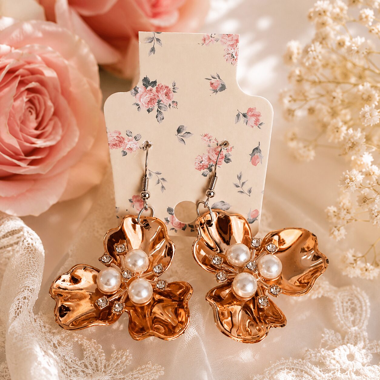 Golden Blossom Pearl – romanttiset kukkakorvakorut | Kukkaiselämää