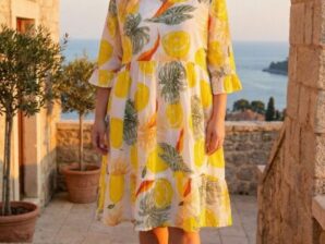 Mekko PORTOFINO TROPICAL, värikäs sitruunakuosinen puuvillamekko - AmandaB