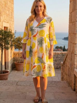 Mekko PORTOFINO TROPICAL, värikäs sitruunakuosinen puuvillamekko - AmandaB