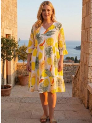 Mekko PORTOFINO TROPICAL, värikäs sitruunakuosinen puuvillamekko – AmandaB