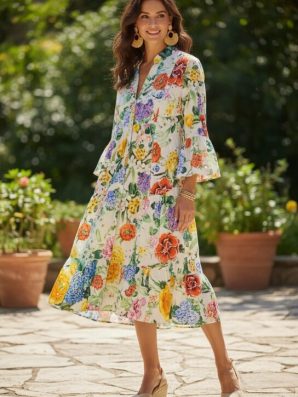 Kukkaniitty Broderie Anglaise -mekko – boheemi kukkamekko 3/4-hihoilla