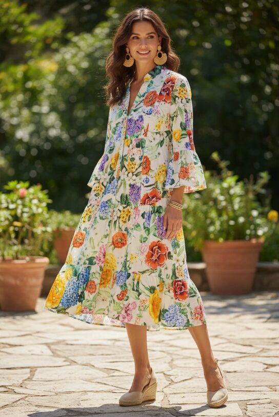 Kukkaniitty Broderie Anglaise -mekko – boheemi kukkamekko 3/4-hihoilla