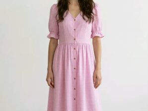 Ruutumekko Rosalie – vaaleanpunainen puuvillamekko taskuilla