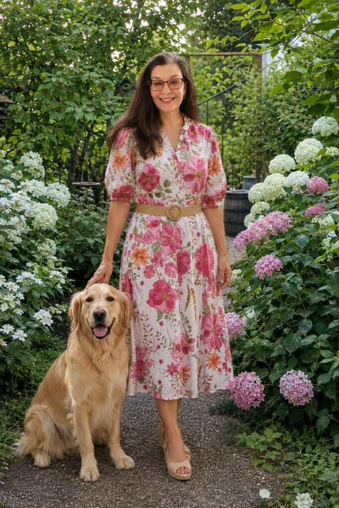 Ruusutarhan Unelma -kukkamekko, Eyelet Embroidery, vyöllä, yhdenkoon