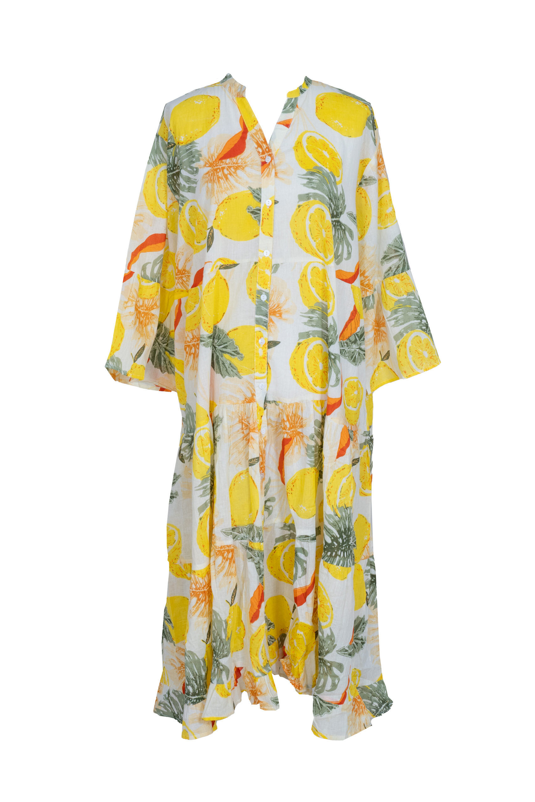 AmandaB Positano Tropical Plus -mekko – pitkä puuvillamekko sitruunakuosilla