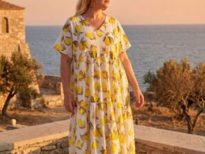 AMALFI LEMON PLUS – pitkä puuvillamekko sitruunakuosilla