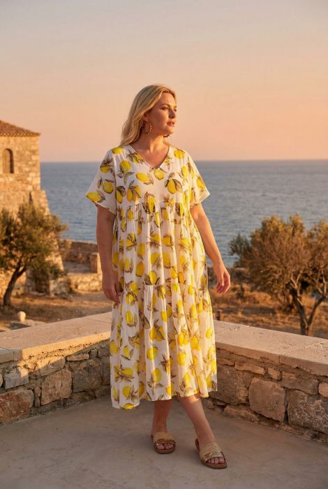 AMALFI LEMON PLUS – pitkä puuvillamekko sitruunakuosilla