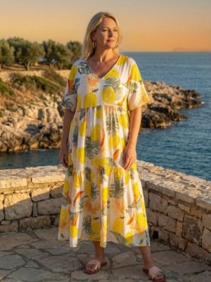 AMALFI TROPICAL PLUS – pitkä puuvillamekko sitruunakuosilla