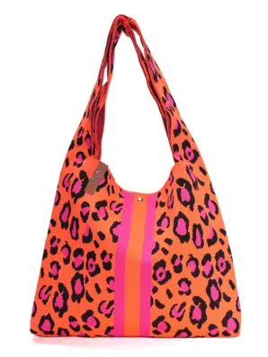 Neulottu shopper-laukku Lois oranssi-pinkki leopardikuosi