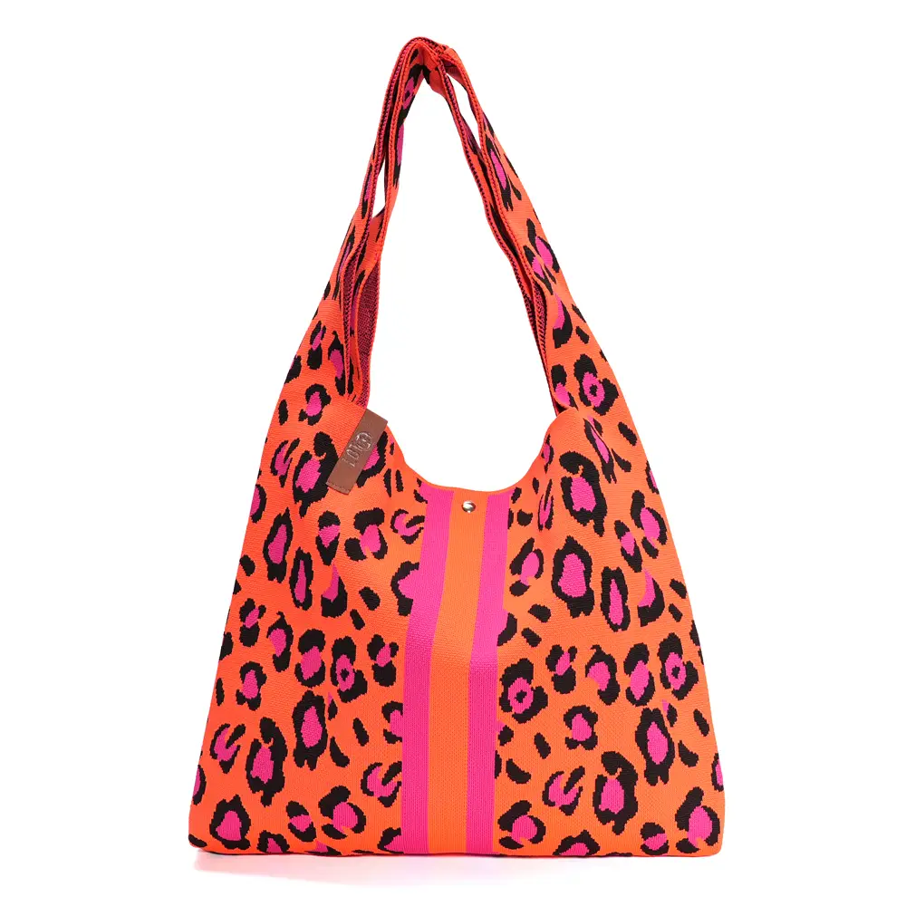Neulottu shopper-laukku Lois oranssi-pinkki leopardikuosi