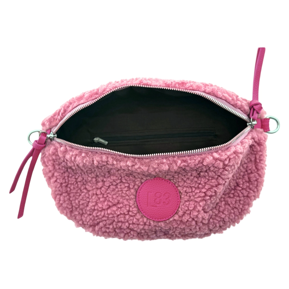 Roosa teddy crossbody-laukku sisältä vetoketjutaskulla