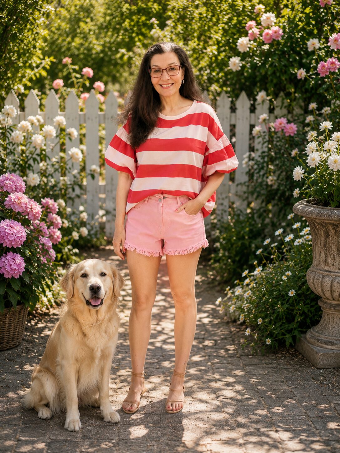 Nainen yllään Punaraita-pusero, väljä 100 % puuvillainen punaraitainen pusero lyhyillä pussihihoilla.