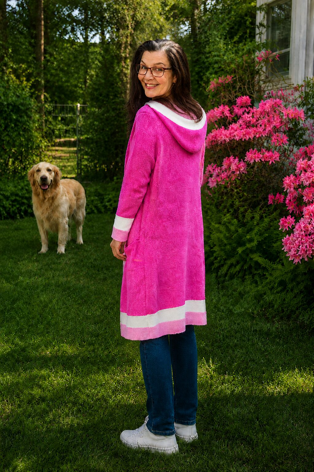 Candy Pink pitkä pinkki neuletakki hupulla ja taskuilla