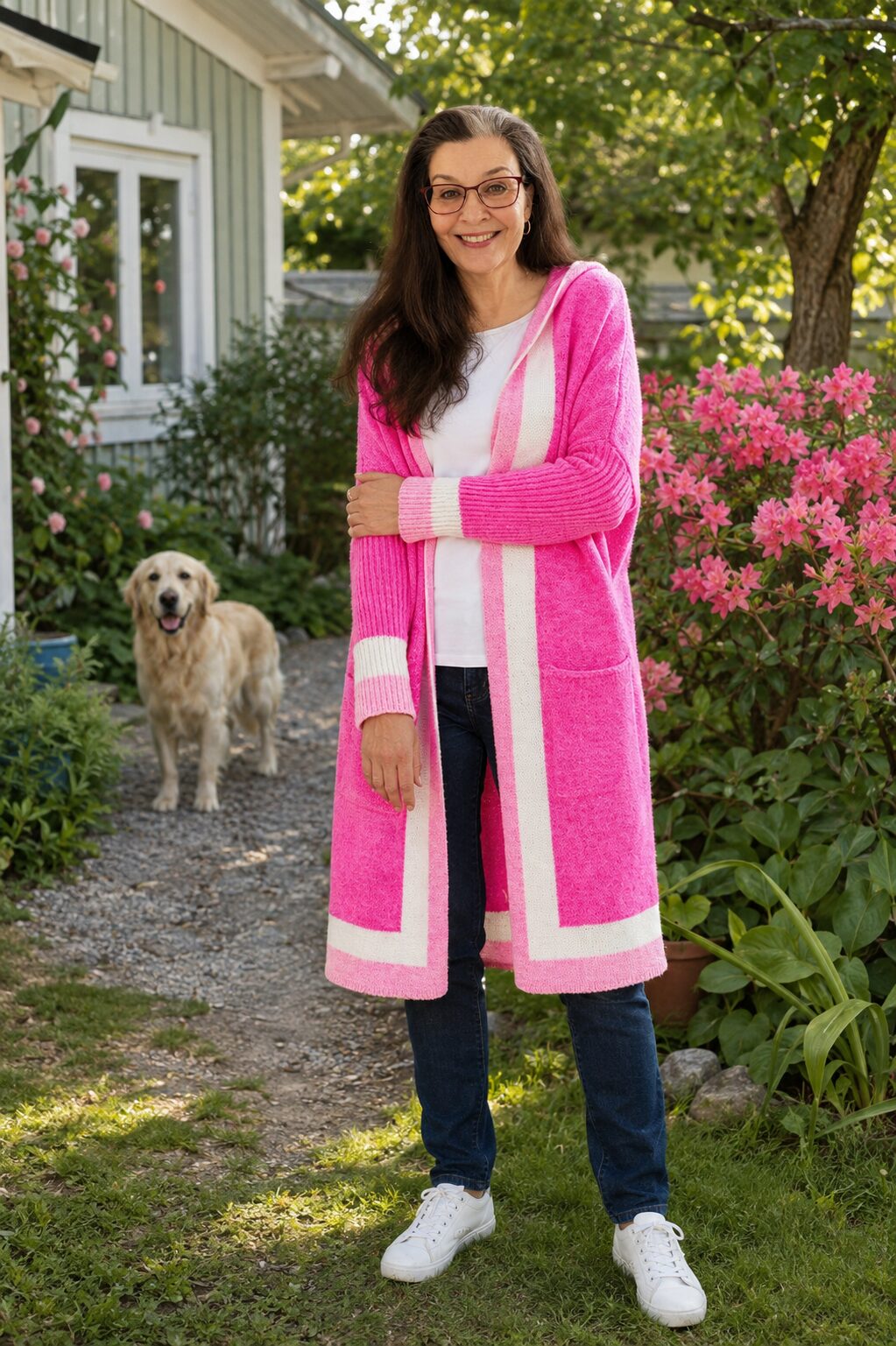 Candy Pink pitkä pinkki neuletakki hupulla ja taskuilla