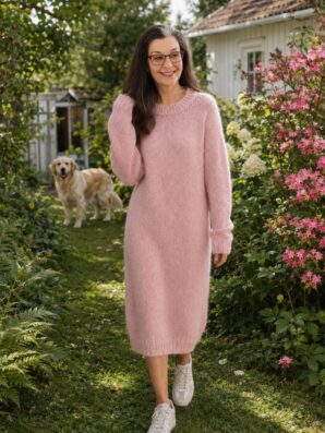 Vaaleanpunainen alpakkaneulemekko Rosalie