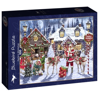Bluebird Santa’s Workshop 500 palan palapelin pakkaus, kuvassa joulupukki ja porot lumisen joulupajan edustalla
