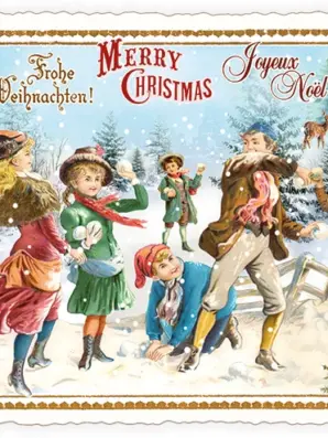 Vintage joulukortti, lapset lumisodassa vanhan ajan talvimaisemassa