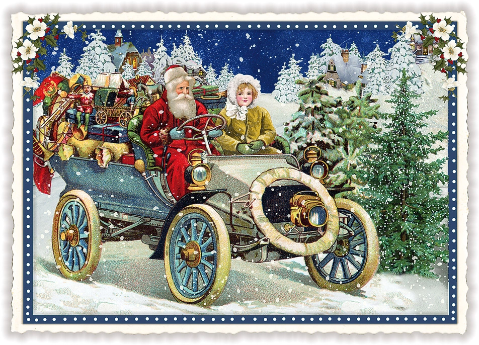 Vintage joulukortti, joulupukki vanhanaikaisella autolla lumisessa maisemassa